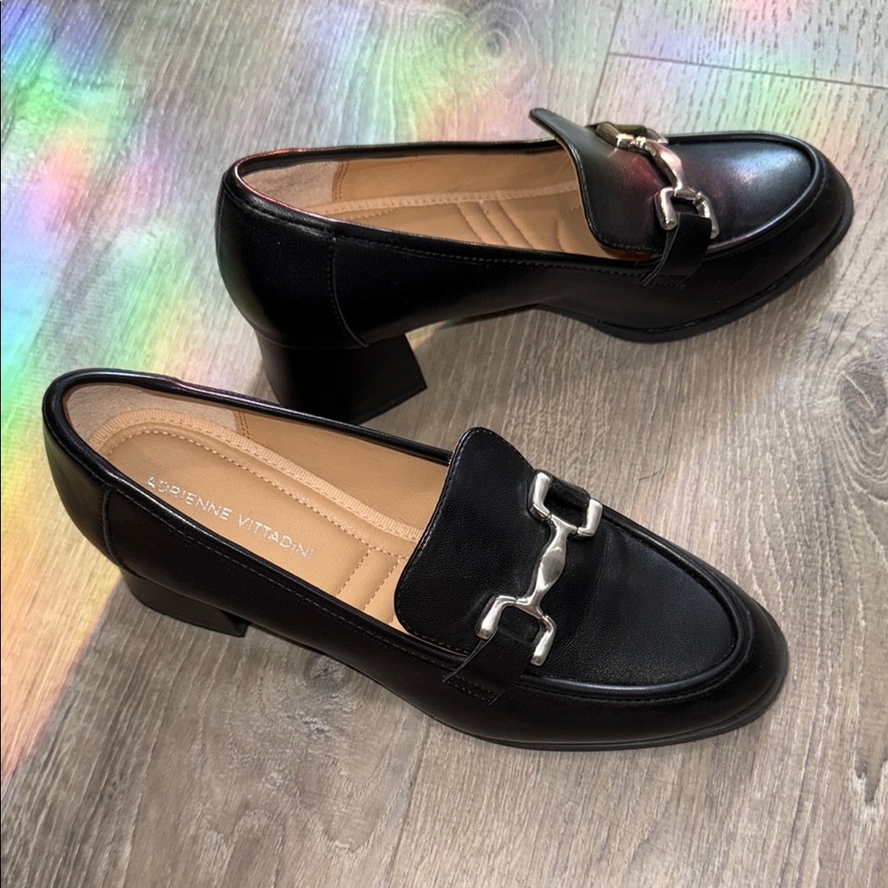 Adrienne Vittadini Black Leather Loafers with Silver Accent